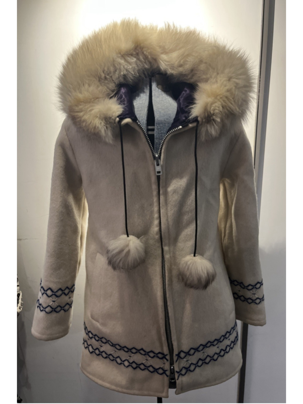 Vintage Opasquia Wool Parka Jacket Medium White Fox Fur Hood Canada Coat Pom Pom